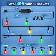 SLR100 LED RGBCWIC Smart Bistro String Lights Color Changing Outdoor Weatherproof 24V Edison Bulbs - 49 FT - 15 Bulbs