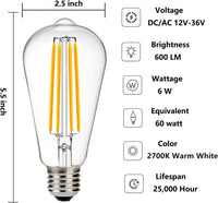 Outdoor Landscape Lighting LED 12V Low Voltage E26 6W 12V-36V 2700K/3000K/6000K AC/DC LED Filament Edison Bulbs Package Dimmable Energy Saving Low Voltage Light Bulb