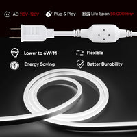 Outdoor Landscape Lighting LED 12V Low Voltage SLN06 Dotless Neon LED Strip Light 110-130V 8mm (W) x 16mm (H) IP65 Outdoor Rated Dimmable High Voltage Silicone Strip Light with Mounting Clips, Screws with Power Cable