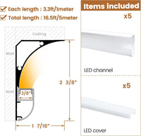 Outdoor Landscape Lighting LED 12V Low Voltage AC02 Aluminum Channel Crown Moulding Trim with Diffuser 5-Pack 3.3FT/1M (5M) For Strip Lights