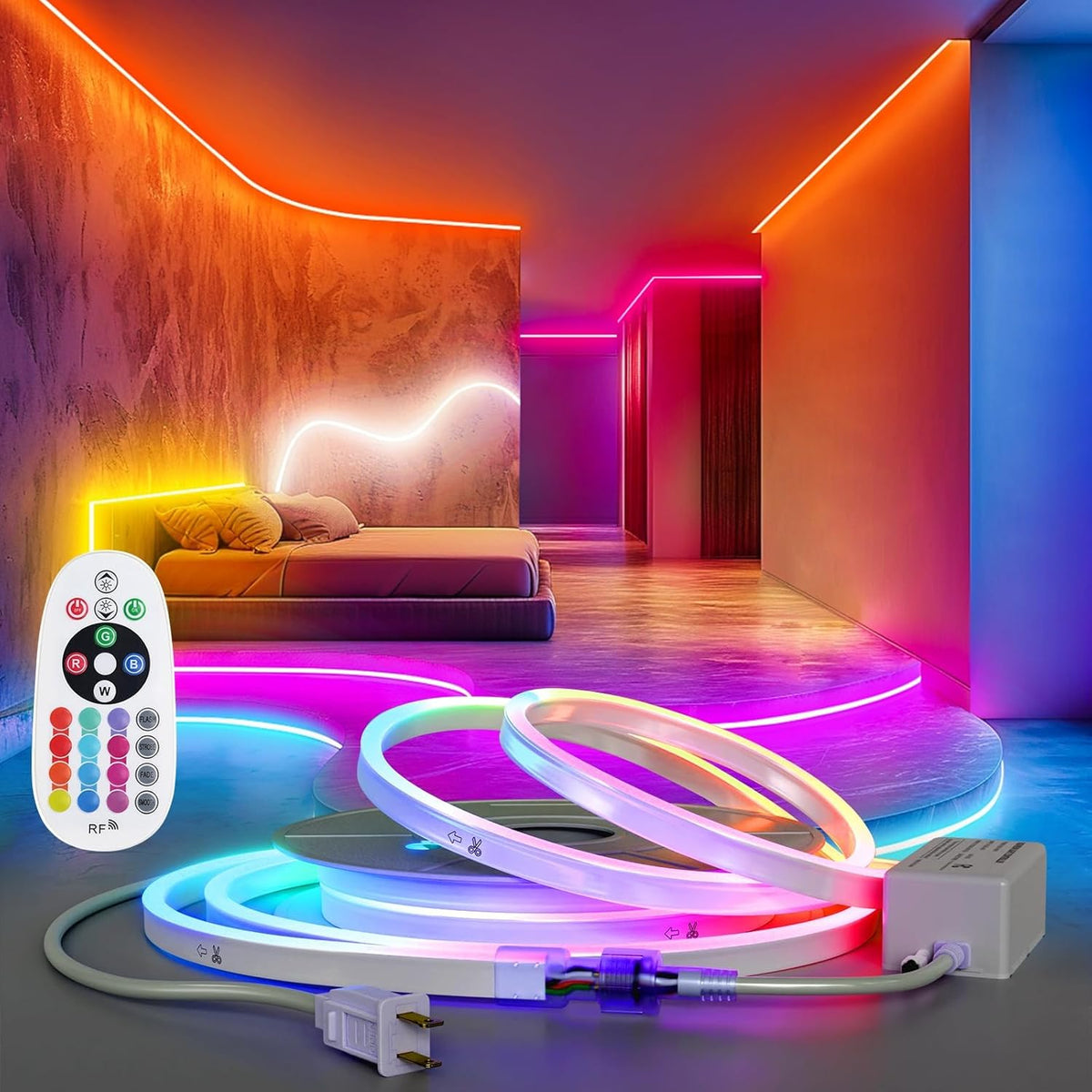Outdoor Landscape Lighting LED 12V Low Voltage SLNR12 Dotless Neon RGB 5000K 16 Colors and 4 Modes 2.59W/ft LED Strip Light 110V IP65 Outdoor Rated Dimmable High Voltage Silicone Strip Light Screws, Mounting Aluminum Clamps, End Cap, Screws, Remote Control and Power Cable