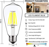 Outdoor Landscape Lighting LED 12V Low Voltage E26 6W 12V-36V 2700K/3000K/6000K AC/DC LED Filament Edison Bulbs Package Dimmable Energy Saving Low Voltage Light Bulb