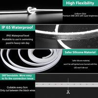 Outdoor Landscape Lighting LED 12V Low Voltage SLN05 Dotless Neon LED Strip Light 12mm (H) x 6mm (W) 3000K/6000K DC24V IP65 Outdoor Rated Dimmable Low Voltage Silicone Strip Light with Mounting Clip, Screws, End Cap and Power Adapter