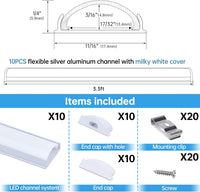 Outdoor Landscape Lighting LED 12V Low Voltage AC12 U-Shaped Rectangular Flexible Black and Silver Finish Aluminum Channel with Frosted Plastic Cover 3.3FT/1M For Max 12mm Width LED Strip Lights Pack of 10