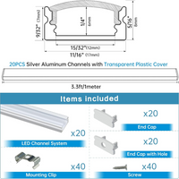 Outdoor Landscape Lighting LED 12V Low Voltage AC11 U-Shaped Rectangular Silver Finish Aluminum Channel with Transparent Clear Plastic Cover 3.3FT/1M or 6.6ft/2M For Max 12mm Width LED Strip Lights Pack of 6/10/20