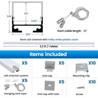Outdoor Landscape Lighting LED 12V Low Voltage AC15 Spotless Aluminum Channel with Hanging Wire 3.3FT/1M For Max 17mm Width LED Strip Lights Pack of 5 and 10