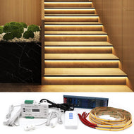 SLMS01 Intelligent Motion Sensor LED COB Strip Light Stair Light Kit 16 or 20 Stairs, Step by Step Control with Remote PIR & Light Sensor Control - 20 Steps (3.94ft per step) / 3000K Warm White