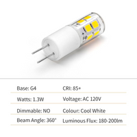 Outdoor Landscape Lighting LED 12V Low Voltage 10 Pack G4 1.3W Bi Pin 3000K/6000K LED Ceramic Capsule 120V Line Voltage Bulb Energy Efficient Light