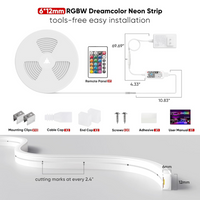 Outdoor Landscape Lighting LED 12V Low Voltage SLNR15 Dotless Neon RGB + Warm White 2800K or Cool White 6000K LED Strip Light Remote and Wi-Fi App Control DC24V IP65 Outdoor Rated Dimmable Silicone Strip Light Screws, Mounting Clips, End Cap, Screws, Remote Control and Controller with Power Cable