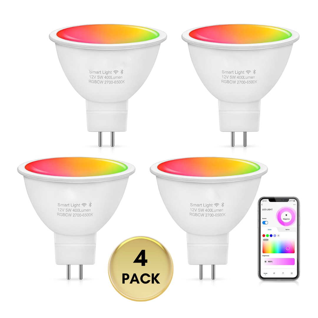 Outdoor Landscape Lighting LED 12V Low Voltage RGBCW MR16 5W Smart WIFI LED Light Bulb 4 Pack, Energy Saving RGBCW Color Changing 12V Outdoor LED Bulb Compatible with Alexa, Google Assistant, and Siri