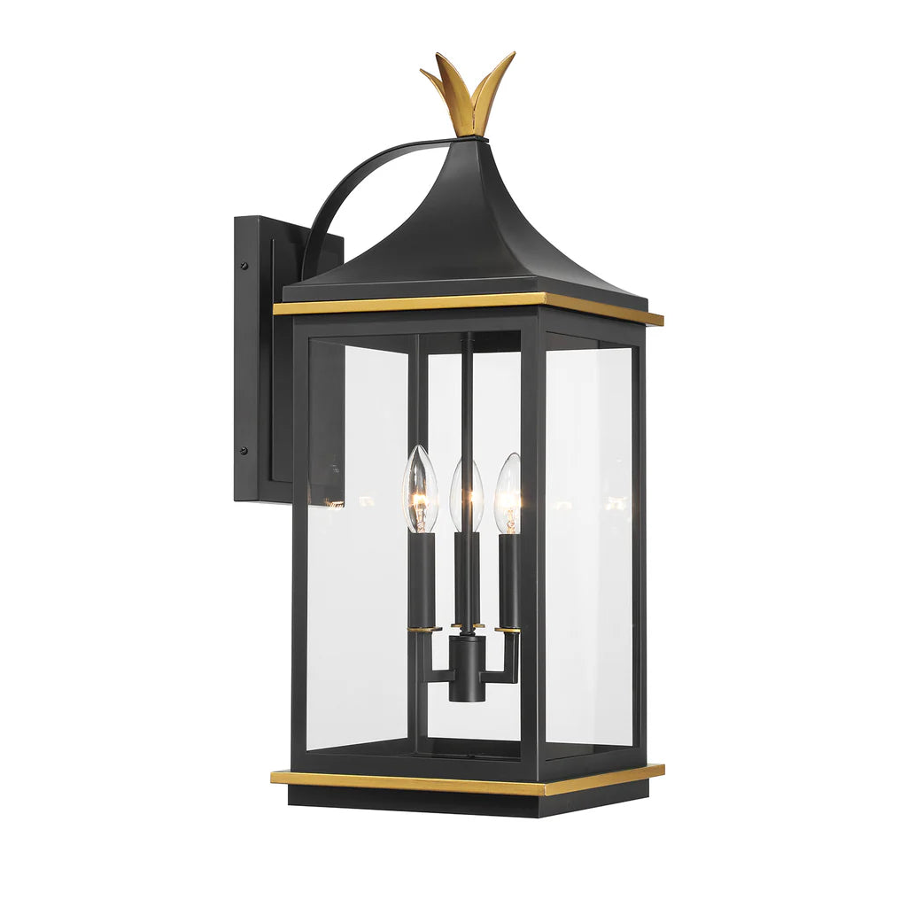 Outdoor Landscape Lighting LED 12V Low Voltage Simpson 3 Light Outdoor Sconce 10"x25" Stainless Steel and Glass Matte Black with Textured Gold Finish 120V 3 E12 Candelabra Base LED Bulb Sockets for Patio, Garden, Exterior Walls