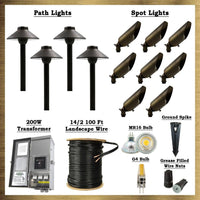 Outdoor Landscape Lighting LED 12V Low Voltage Dark Brass LED Connoisseur Kit: (8) SPB04 Spot Lights, (4) PLB02 Path Lights