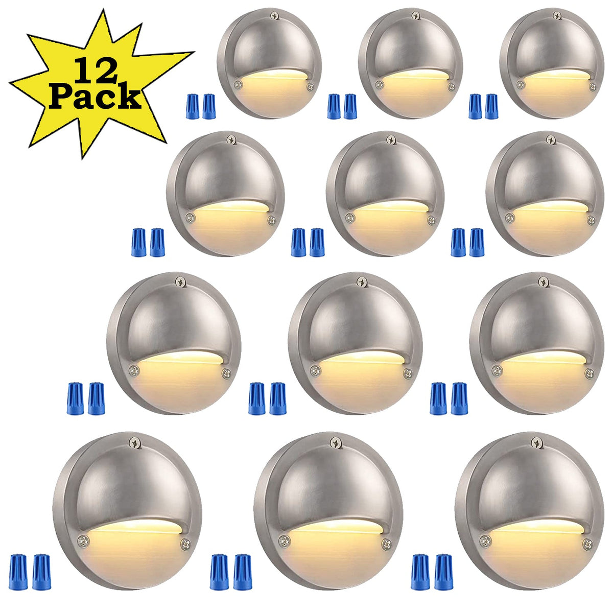 Outdoor Landscape Lighting LED 12V Low Voltage DLA01 12-Pack Satin Nickel 2.5W Low Voltage 3000K Warm White Integrated LED Outdoor Half Moon Aluminum Deck Lights Package, 12V LED Step Fence Landscape Lights